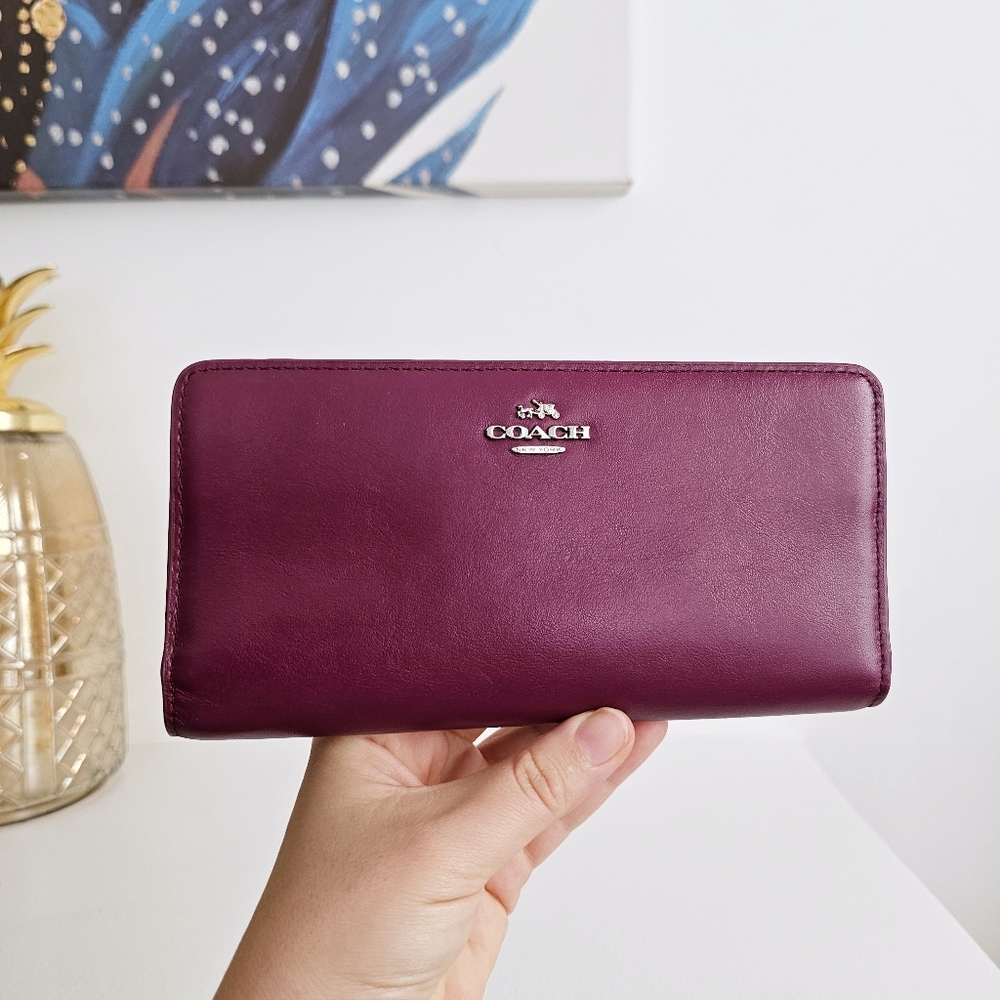 Coach Purple Smooth Leather Slim Wallet Snap Zip Long Clutch